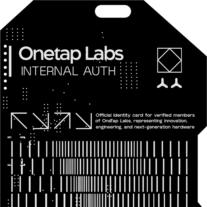 The Onetap Labs ID badge: a matte-black PCB carrying the wordmark, the words INTERNAL AUTH, and an exposed component layout.