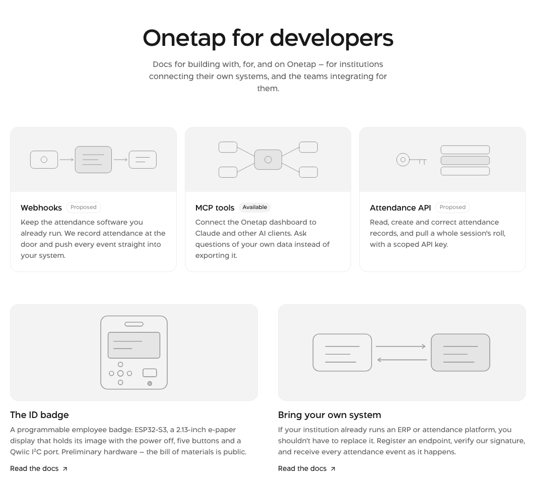 The Onetap developer documentation: cards for Webhooks, MCP tools and the Attendance API.